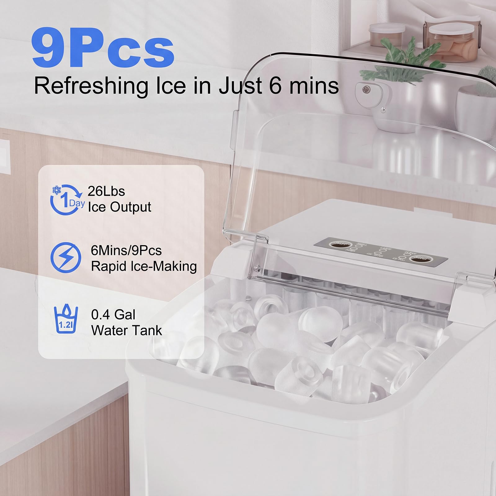 KMFurnila Ice Makers Countertop, Portable Ice Machine with Handle, 6 Mins 9 Bullet Ice Cubes with Basket and Scoop, 26lbs in 24Hrs, Auto-Cleaning, for Home, Kitchen, RV, Camping, White - 5