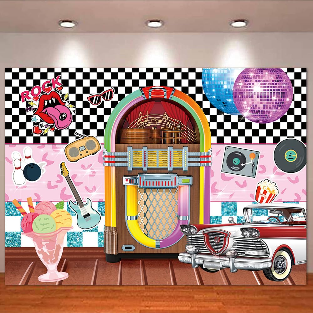 HQM Back to 50's Sock Hop Photography Banner Retro Diner Time Classic Fruit Guitar Car Backdrop Birthday Rock Roll 50's 60's Hop Party Photo Background 71x47.2 Inch Supplies