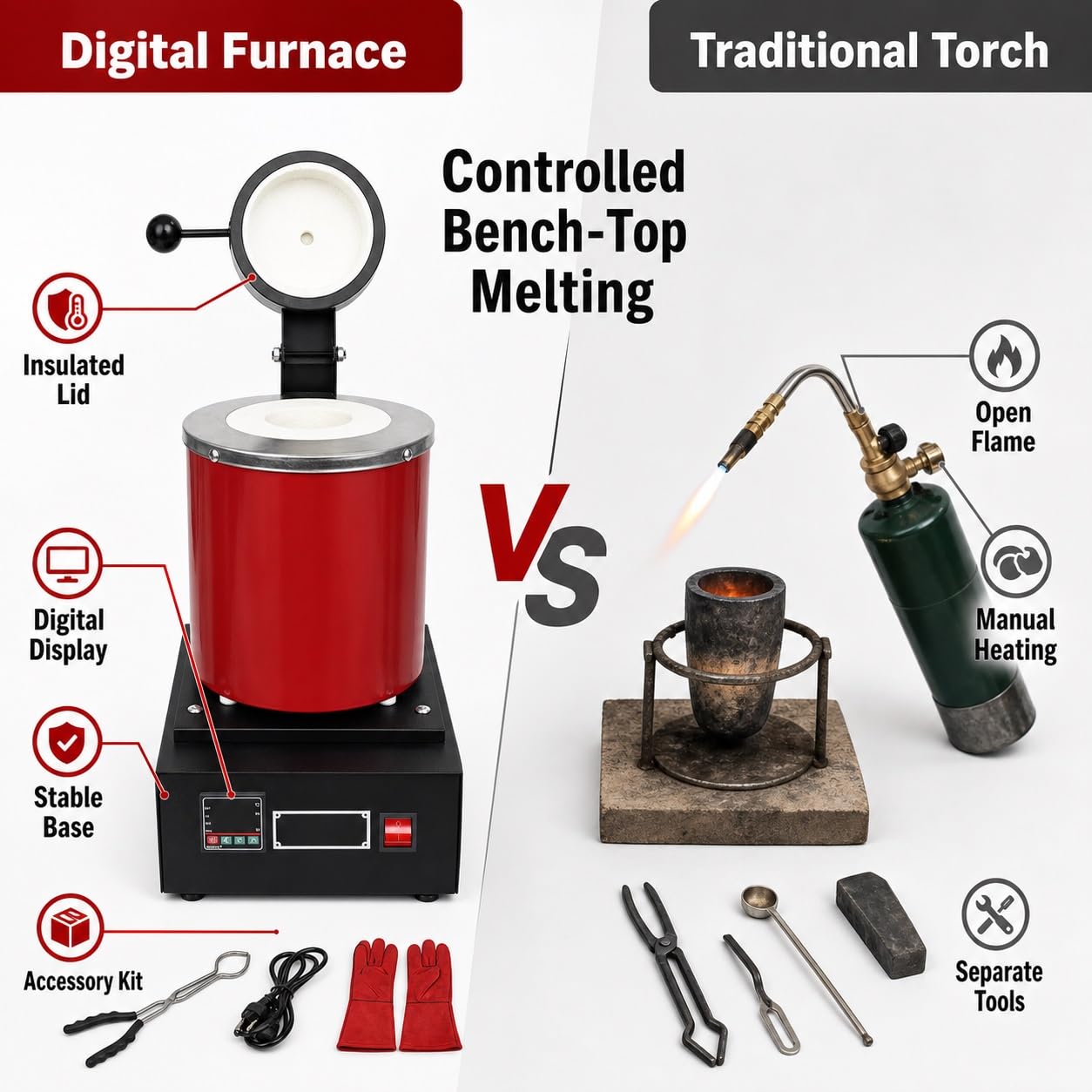 Horno Eléctrico De Fusión De Oro, Kit De Crisol Digital De 3 Kg | Crisol de grafito, fundición de joyería, calentamiento de 1500 W, 1150 °C máx., guantes y pinzas(1kg)