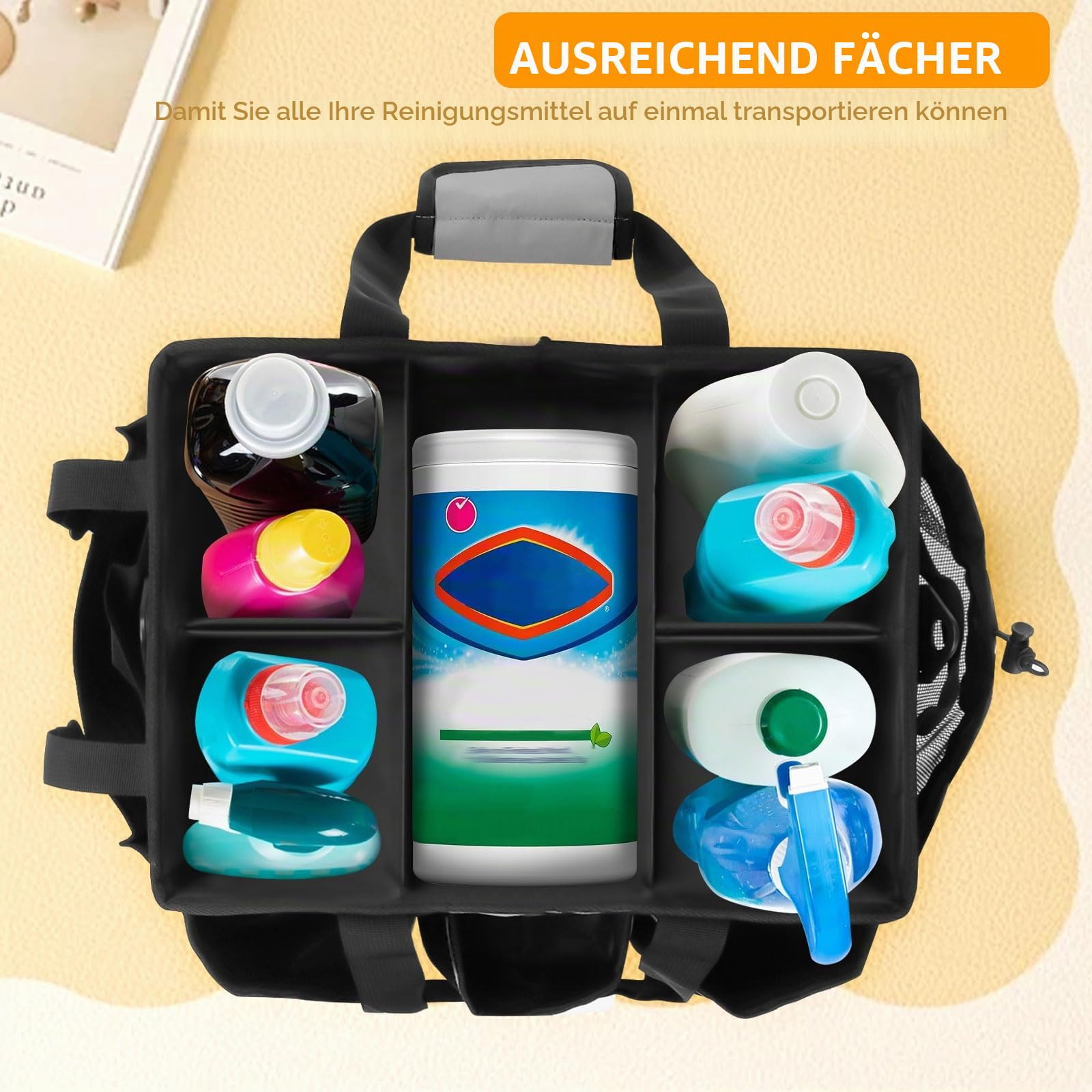 Große Reinigungs Caddy, Tragbarer Putzmittel Organizer Reinigungstasche mit Verstellbaren Schultergurt, 40x23,5x27,5 cm Haushaltstasche Reinigungsmittel Aufbewahrung für Zuhause Auto Einkaufen (Grau)