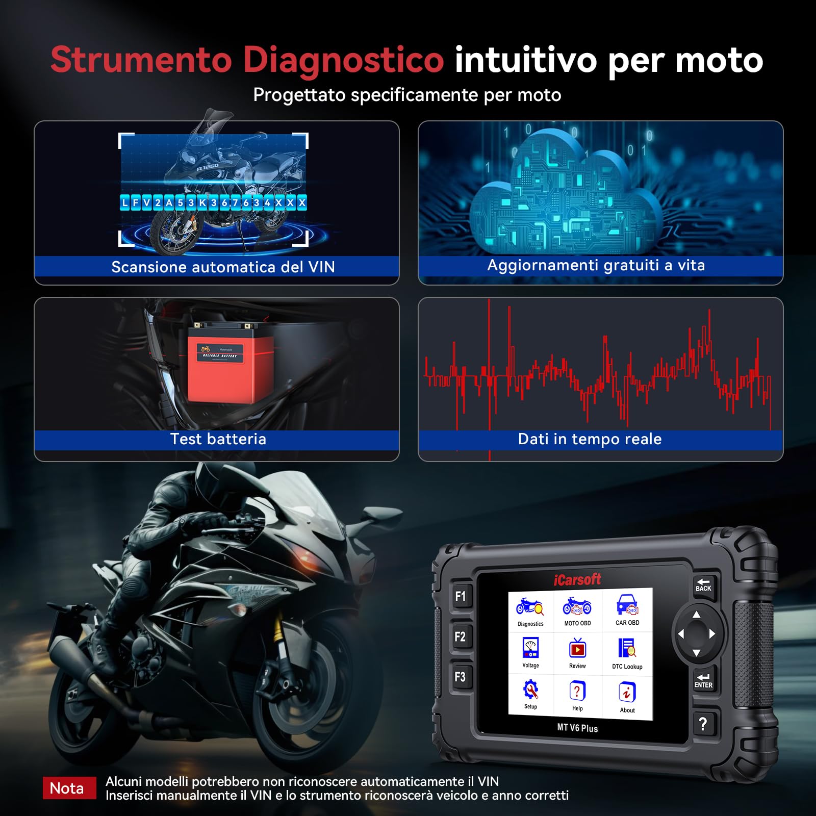 iCarsoft MT V6 Plus Strumento Diagnostico per Moto, Diagnosi Moto Universal, Lettore di Codice Tutti i Sistemi, Servizi Completi, Scansione Automatica, Diagnostica OBD per Auto e Motocicletta