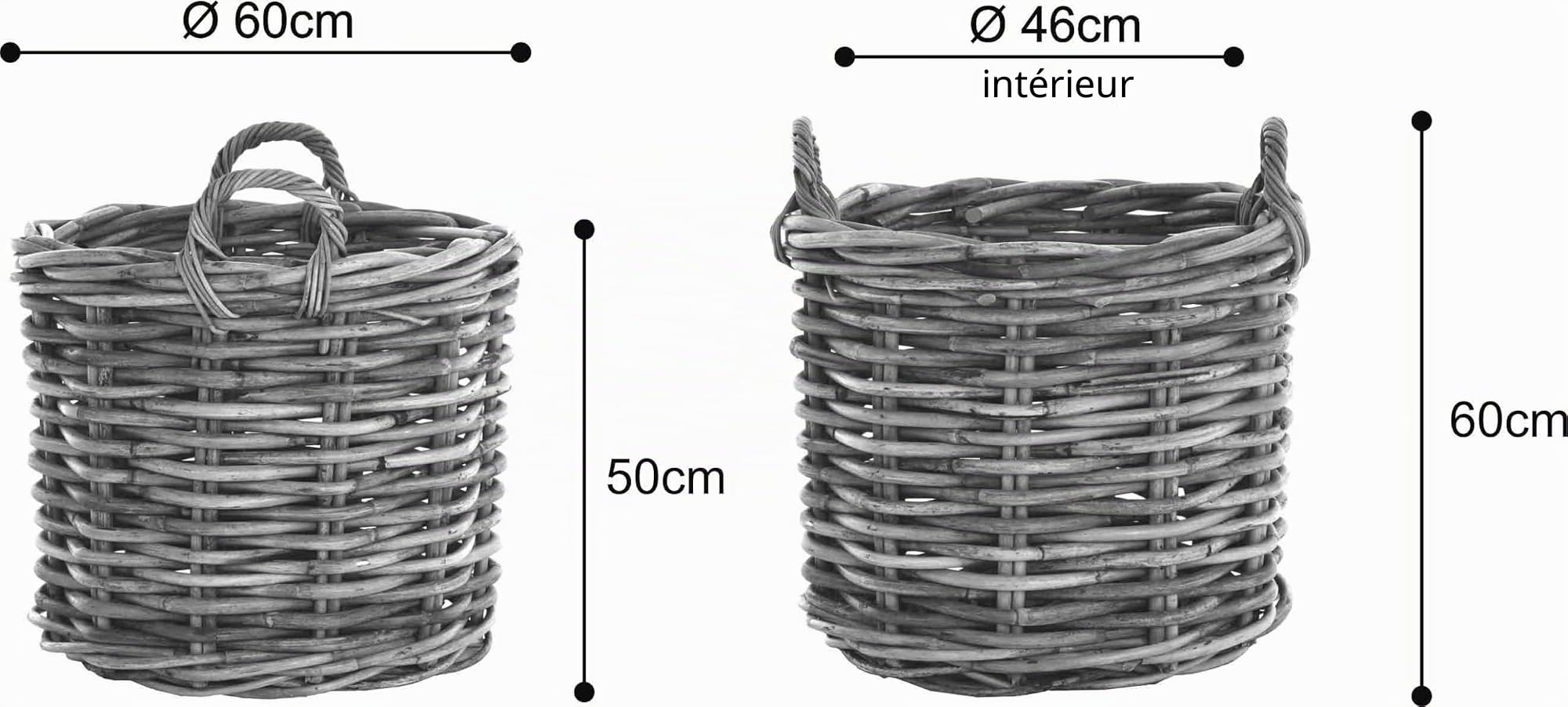 Grand panier à plantes en rotin naturel XXL avec poignées - Panier décoratif pour plantes de jardin (rond, moyen)