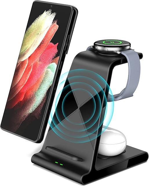 leQuiven 3 in 1 Wireless Charging Station for Samsung Galaxy Z Fold 3/Flip 3/S21/S21 Ultra S20/iPhone 13 Pro Max Mini, Wireless Samsung Charger for Galaxy Watch 4/4 Classic/3/Active 1/2 (Black)