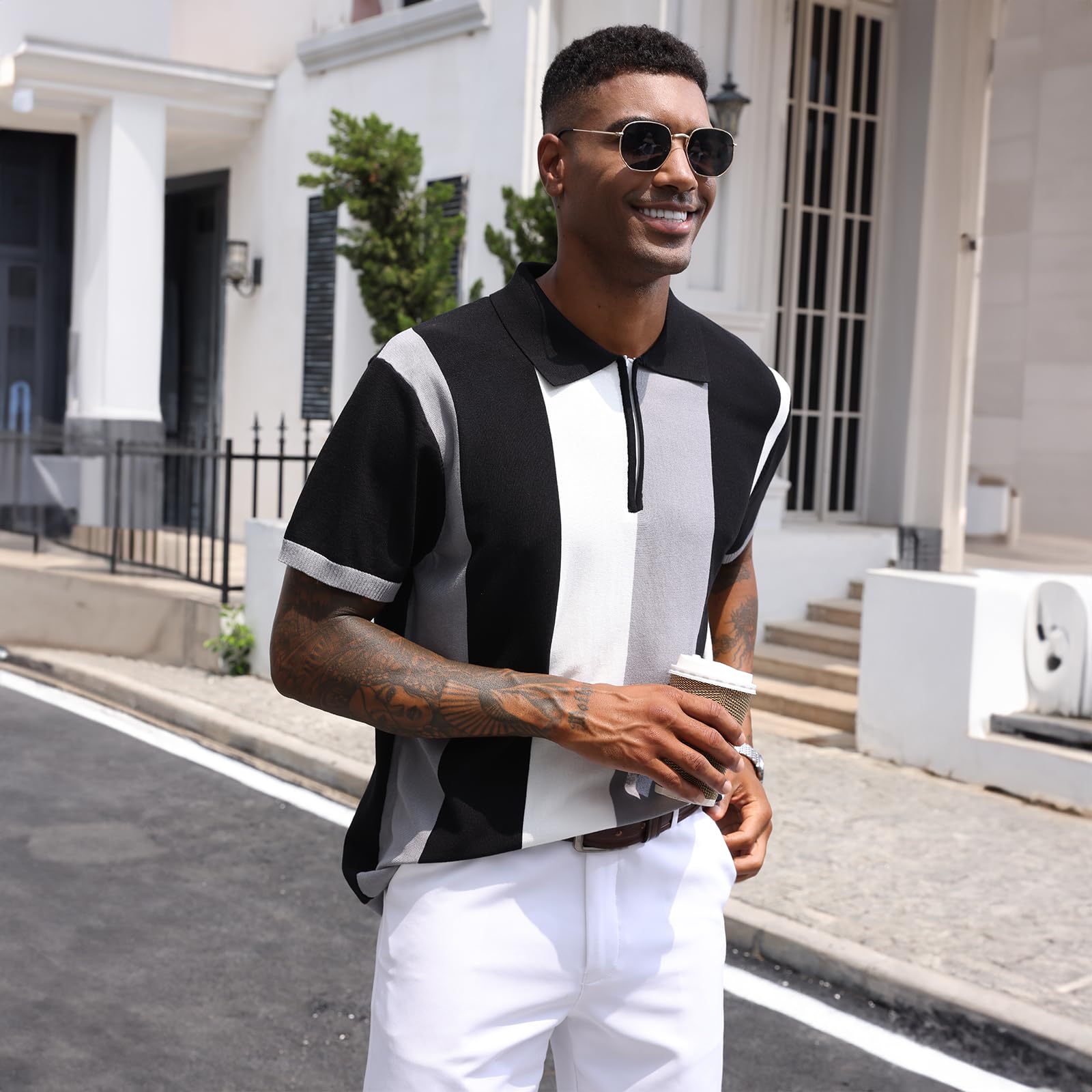 Polo da Uomo, Stile Vintage, a Righe, in Maglia, Casual, Slim Fit, da Golf
