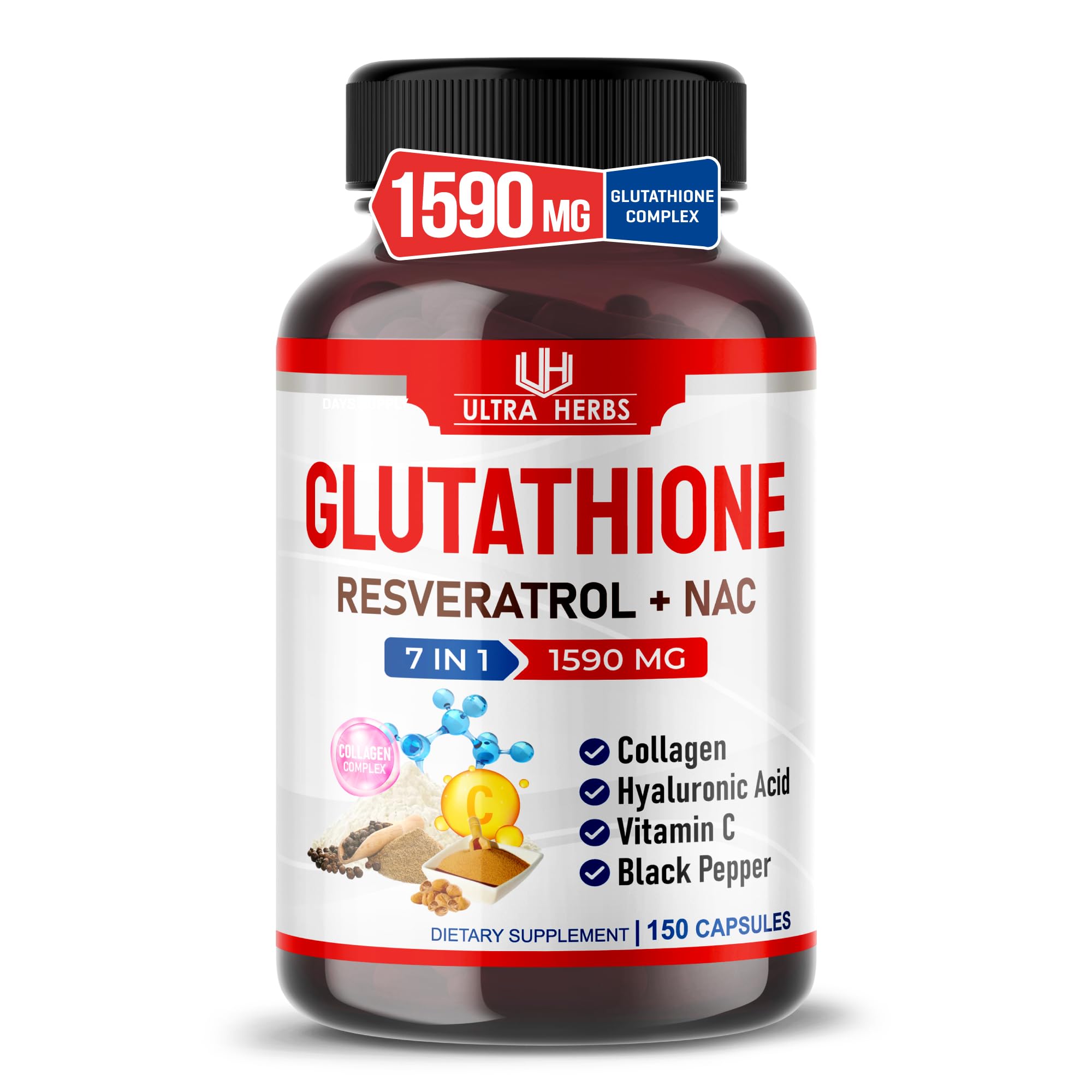 Ultra Herbs Glutathione 1590mg 7-in-1 with Resveratrol & NAC, 150 Caps