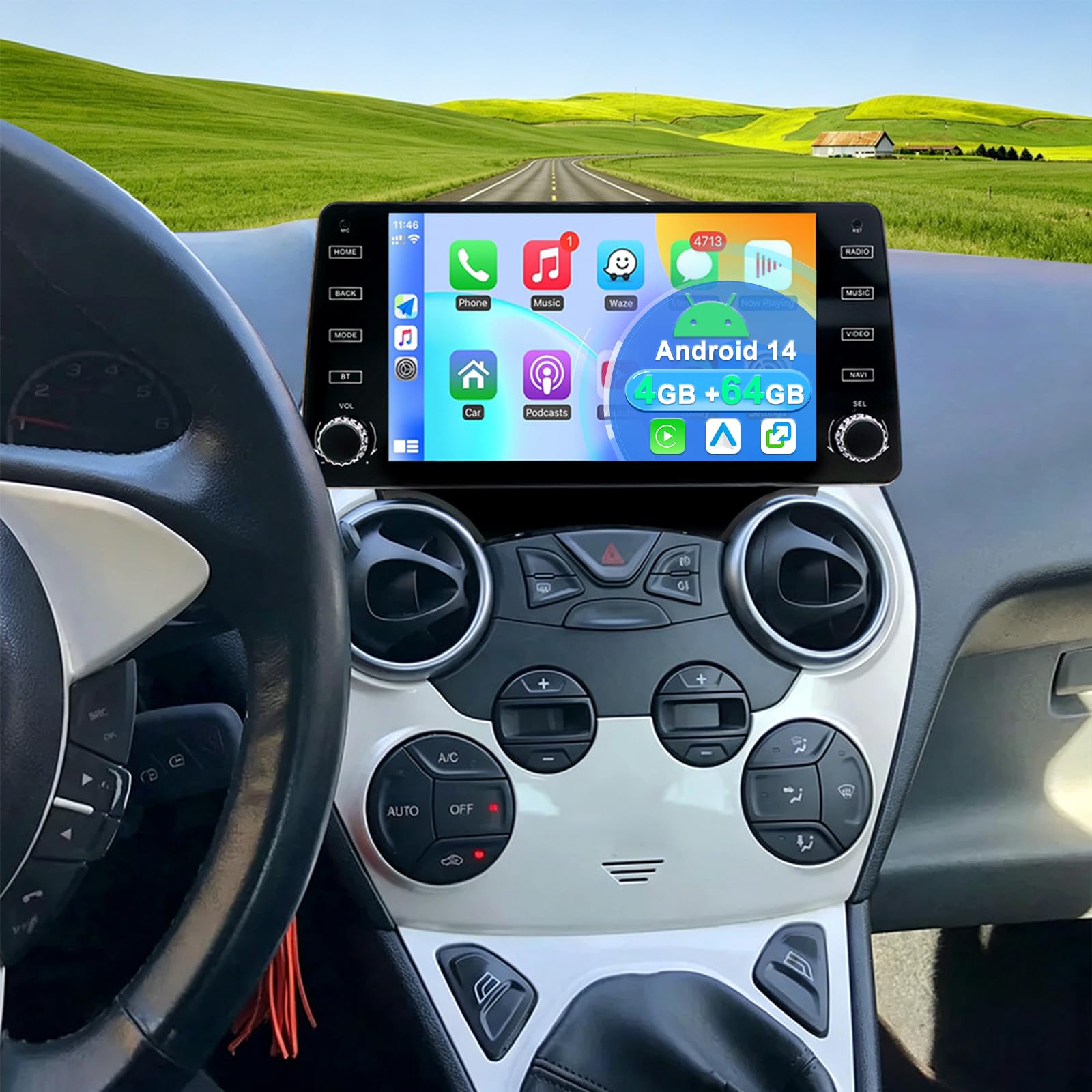 4+64G Android 14 Autoradio für Ford Ka 2008-2014 mit Carplay Android Auto | 10 Zoll Touchscreen Auto Stereo Display Player Radio GPS Navigation Head Unit mit SWC FM RDS MirrorLink Splitscreen Bluetooth