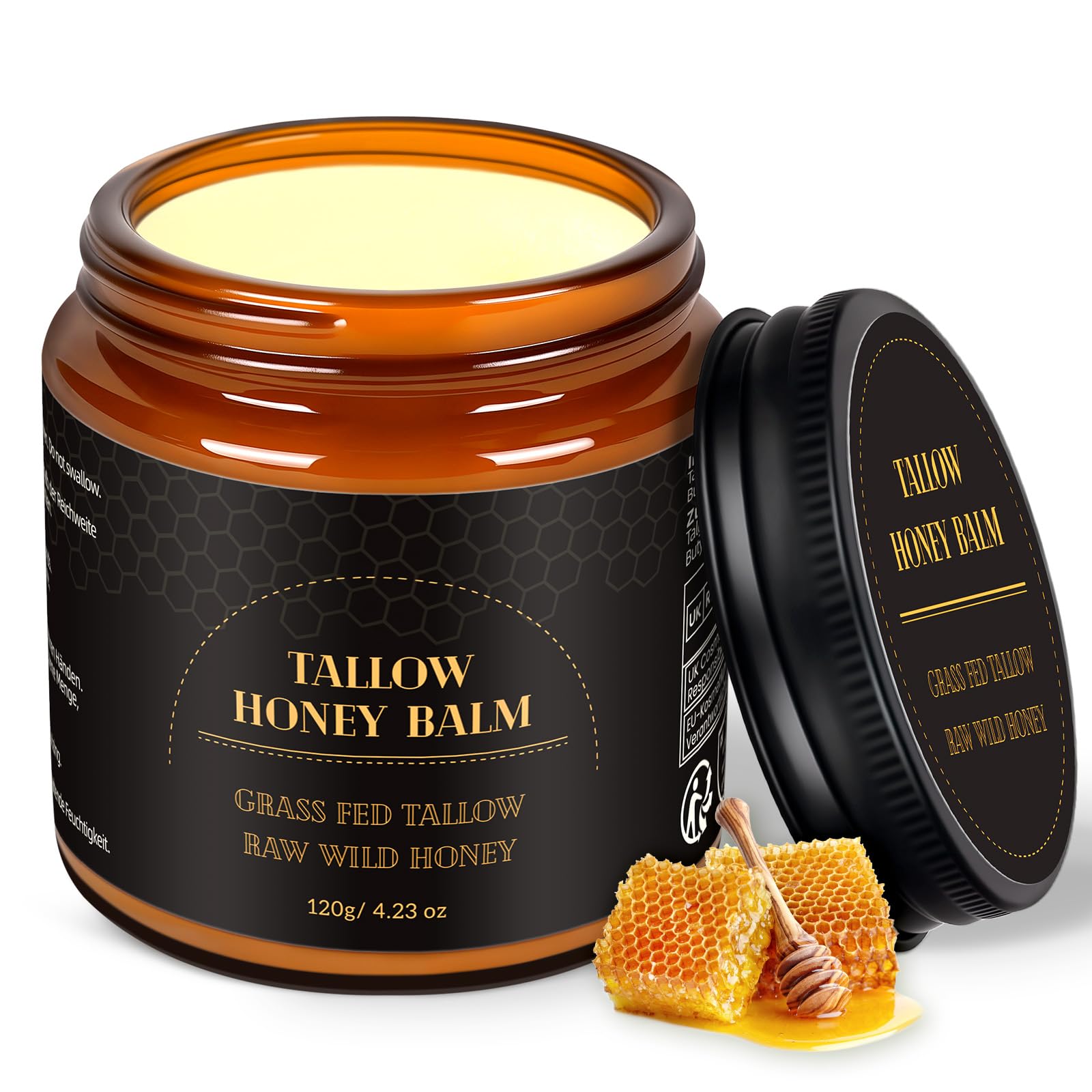 Beef Tallow Creme 120g, Rindertalg Creme, Beef Tallow Skincare, Tiefe Hydratation Feuchtigkeitscreme, gefütterter Rindertalg und Honigbalsam für Empfindliche, Trockene Haut, Tallow Honey Balm