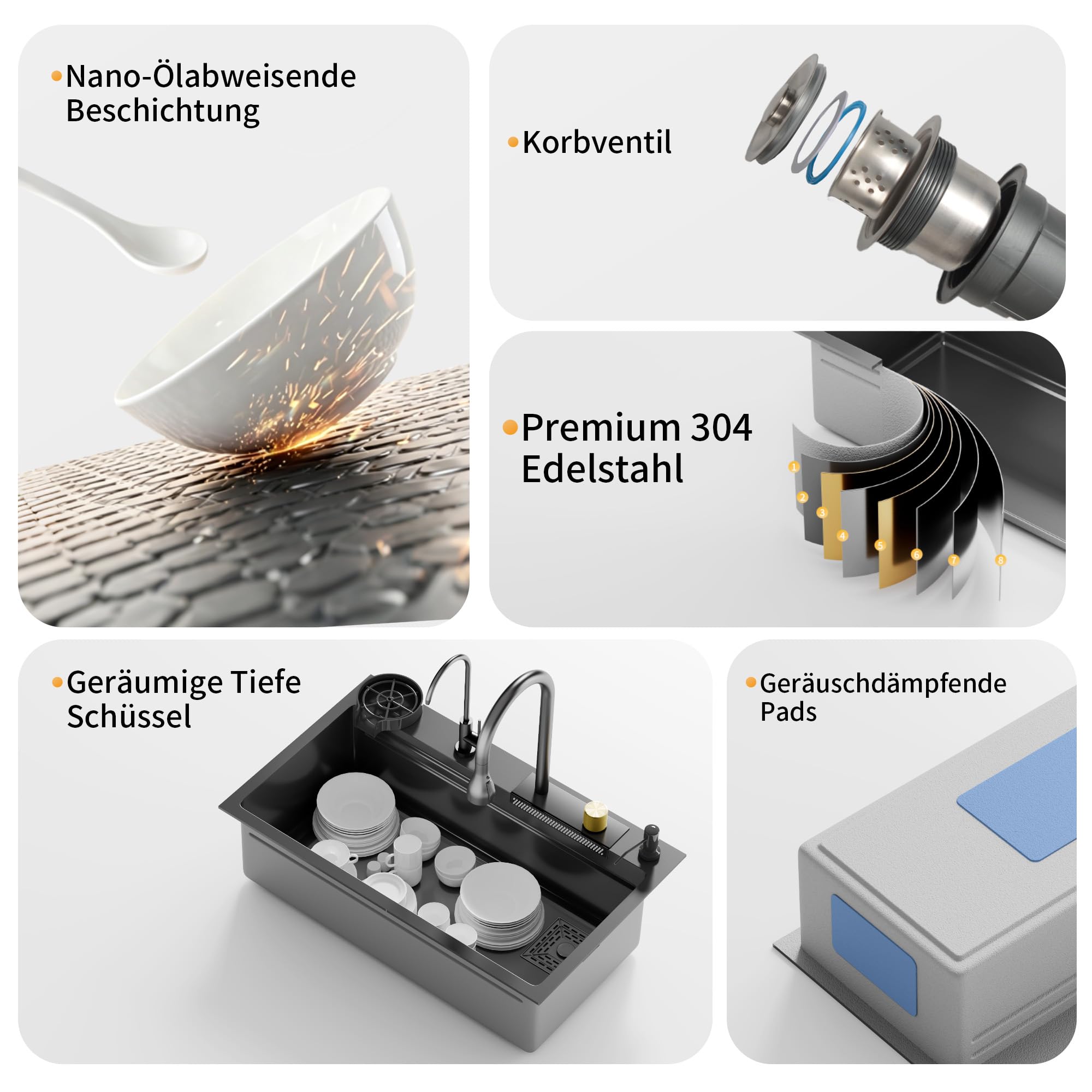 DeerValley Edelstahlspüle, Multifunktionsspüle aus Edelstahl 304 mit ausziehbarem Wasserhahn, Hochdruck-Glasreiniger, Wasserfall, Seifenspender und Arbeitsschiene für Küche - Dunkelgrau