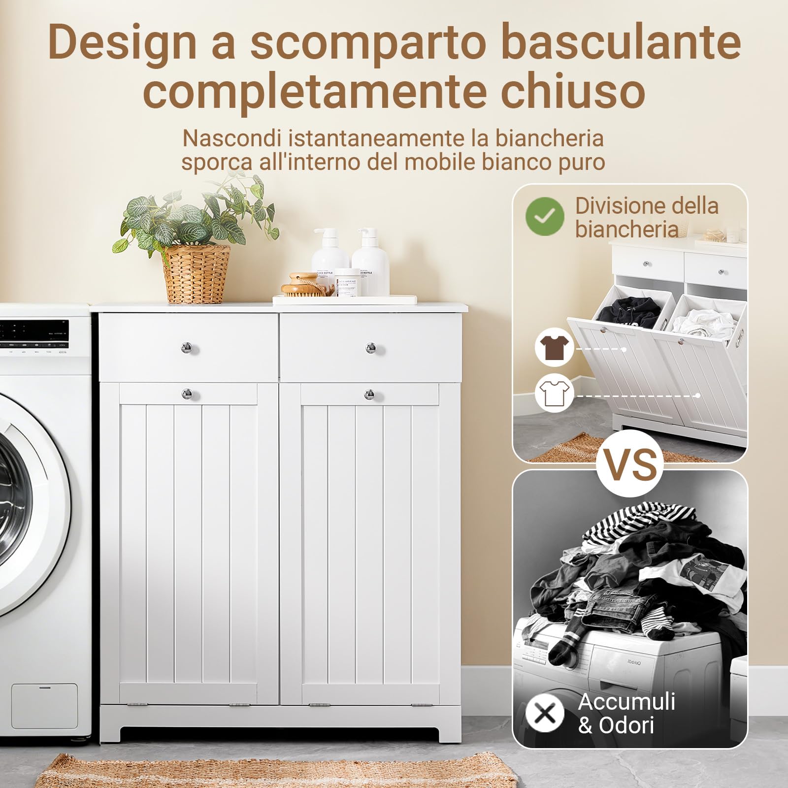 SoBuy Mobile Lavanderia in Legno Mobile Bagno con Portabiancheria a 2 Cassetti e 2 Ceste Bucato Rimovibili 90L Cassettiera Robusta Armadietto Salvaspazio per Famiglia Bianco 78x38x90 cm BZR33-II-W