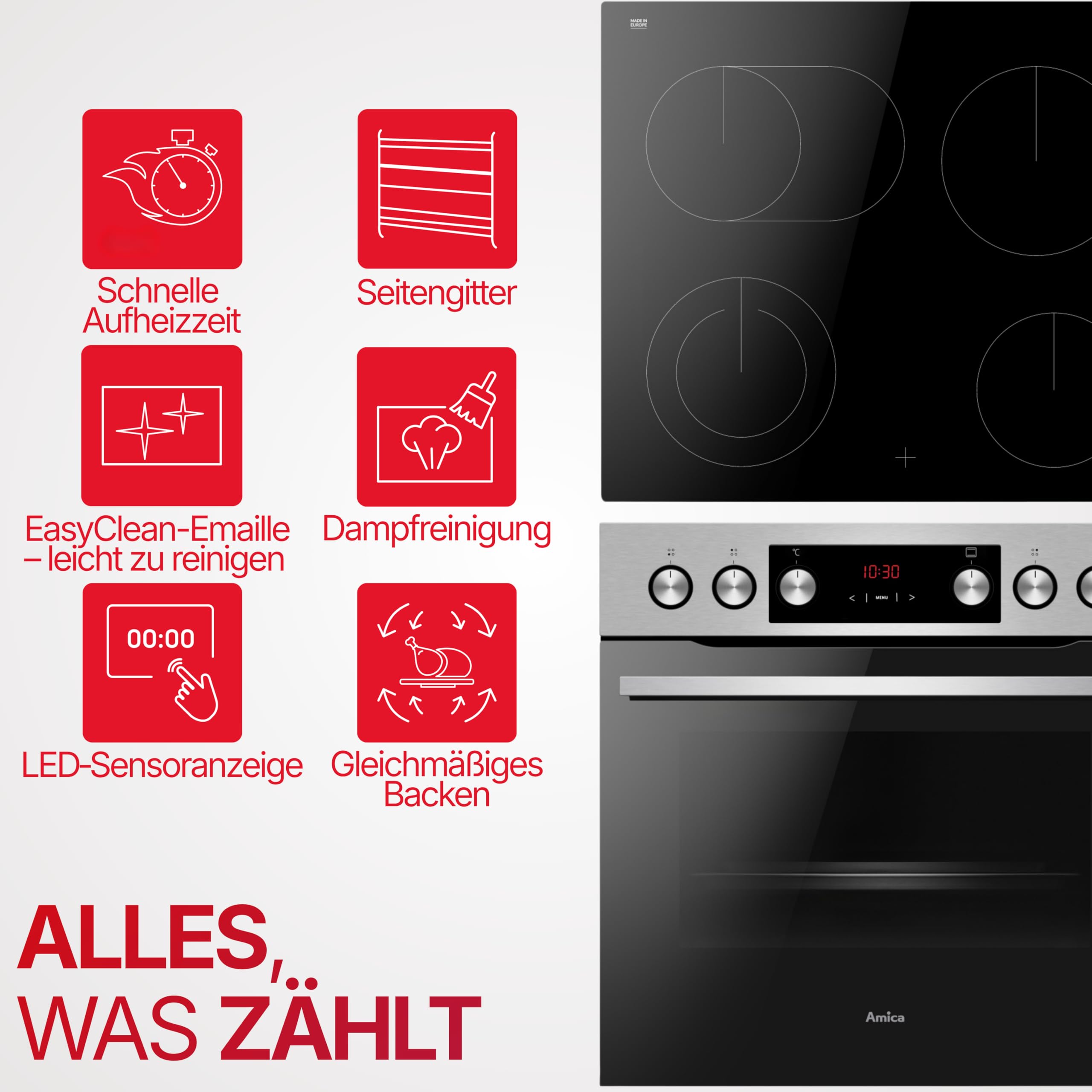 Amica Einbauherd Set 60 x 56 x 56 cm 77 l XXL Großbackofen 11 Backofenfunktionen 4 Kochzonen CoolDoor3 SoftClose ACHE 9340 E – einbauherd mit rahmenlos Glaskeramik-Kochfeld edelstahl