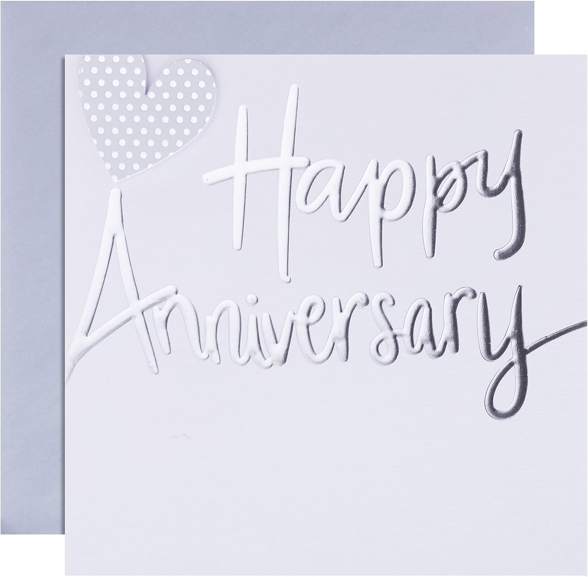 Happy Anniversary Card, Heart, Silver Foil, White.