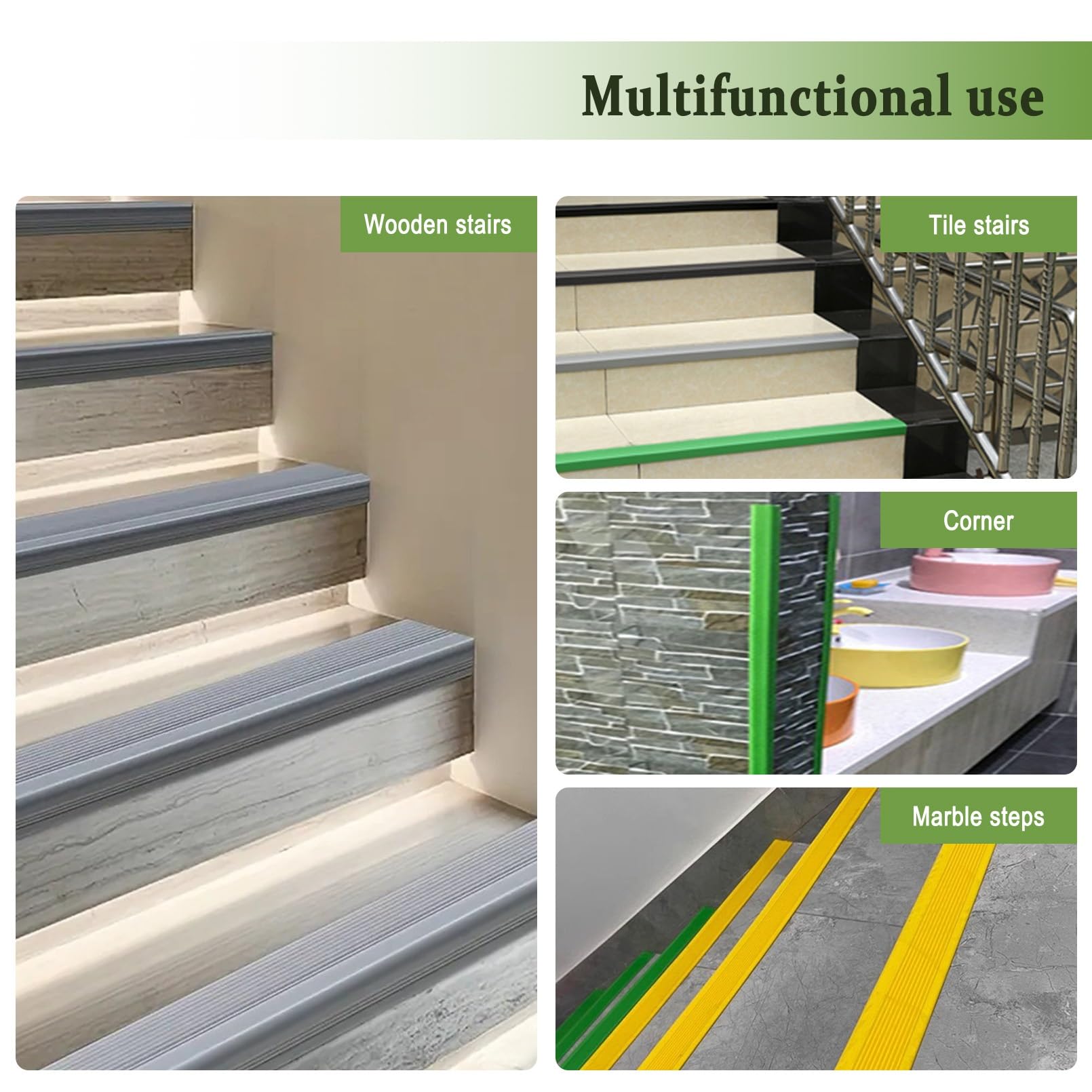 Material de PVC Autoadhesivo Perfil de Borde de Escalera, Tiras Antideslizantes Para Peldaños, Fácil de Instalar Y Resistente Al Desgaste, Perfil de Borde de Escalón Autoadhesivo de 5FT(Green,3m/118in