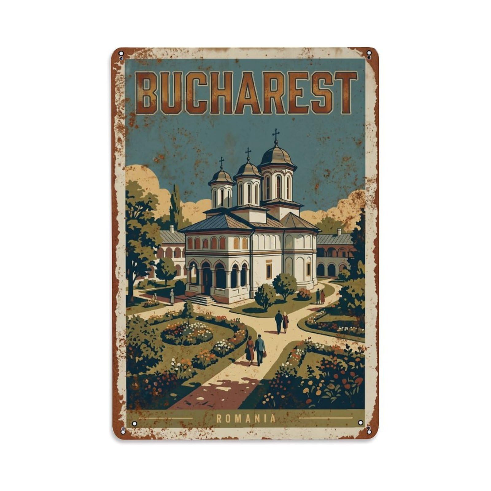 Vintage Travel Bucharest Radu Voda Monastery Garden Romania Metal Tin Sign Plaque Wall Decor for Cafe, Club Bar, Office, Home Garden Metal Poster 8x12Inch