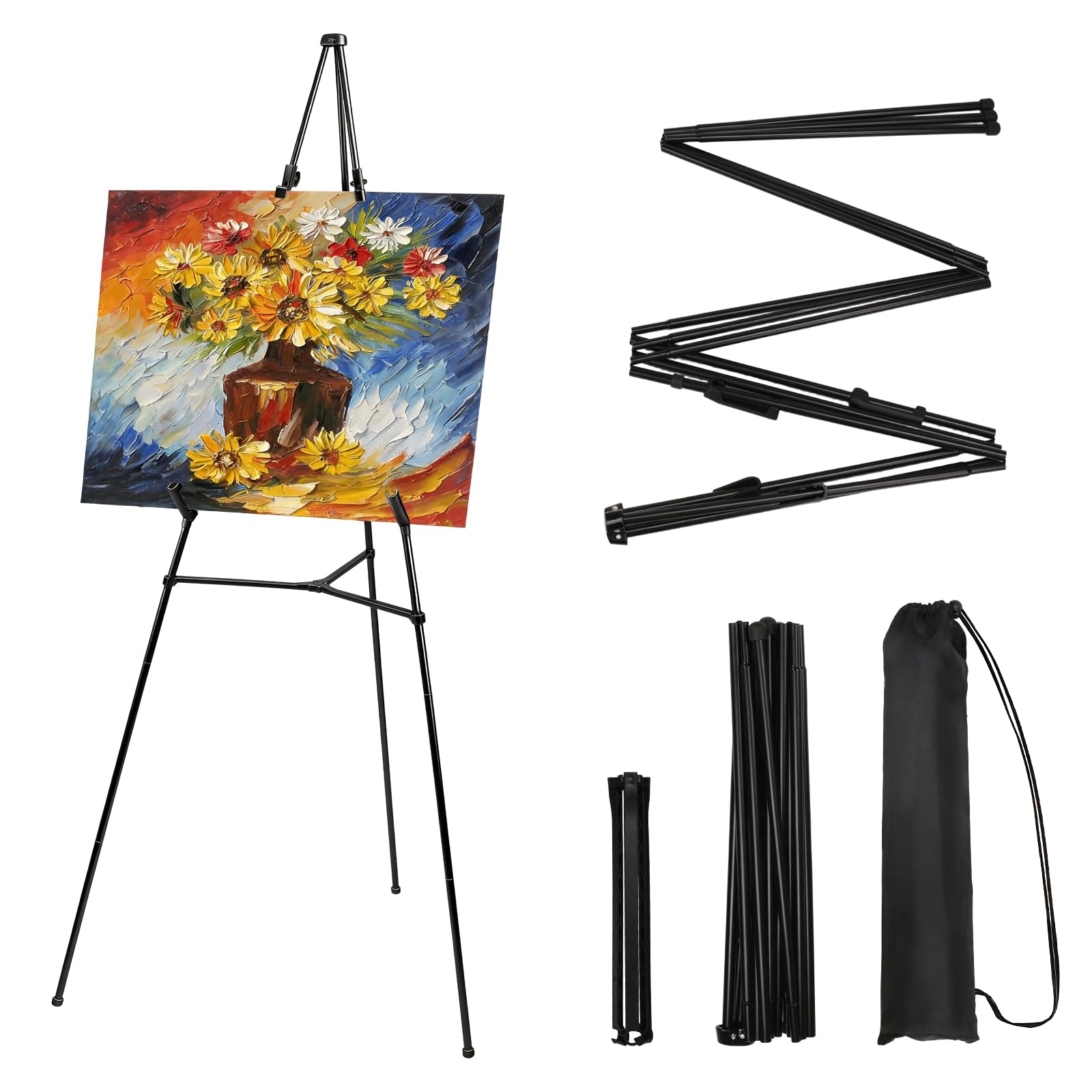 Fairblo Display Easel Stand for Wedding Sign Portable Metal Black Easels 169cm Adjustable Tripod Easel Folding Art Easel Floor Collapsible Tripod Easel with Bag Easel Stand for Display Painting Poster