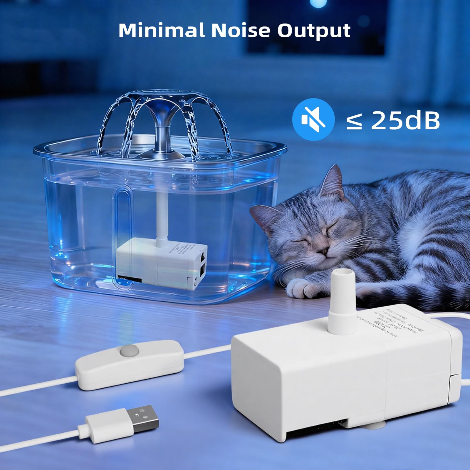 D443 Pompe de rechange pour fontaine à eau pour animaux de compagnie, compatible avec les fontaines pour chat/chien de 1,4 l et 2,7 l, ultra silencieuse, alimentée par USB, durable, facile à nettoyer