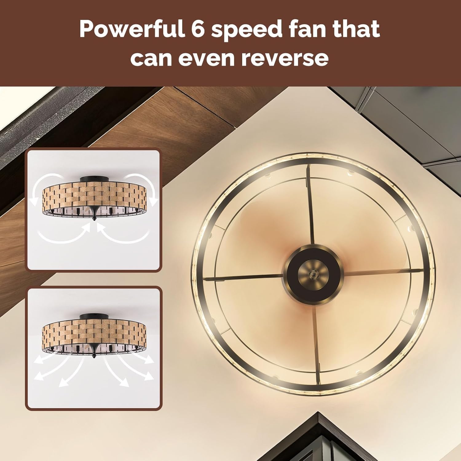 Orison 24" Caged Ceiling Fan with Lights, 2 Ways Control(App&Remote Control), Light Kit Included(8 Bulbs), Modern Farmhouse (Flush Mount)
