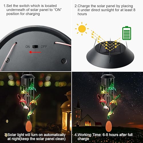 Vista 3 de Campanilla de viento solar de colibrí que cambia de color al aire libre, decoración de jardín, regalo de abuela, regalos para mamá, regalos