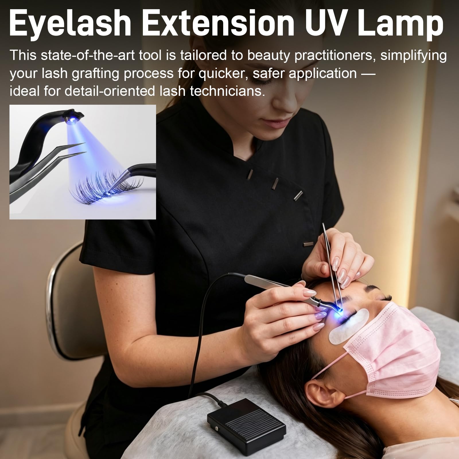 Lampada per Ciglia, Lampada UV 1 W con Pedale per Polimerizzazione UV | Lampada per Extension Ciglia con 2 Strisce Luminose Flessibili e Pinzetta per Colla per Ciglia Smalto per Unghie e Gel UV