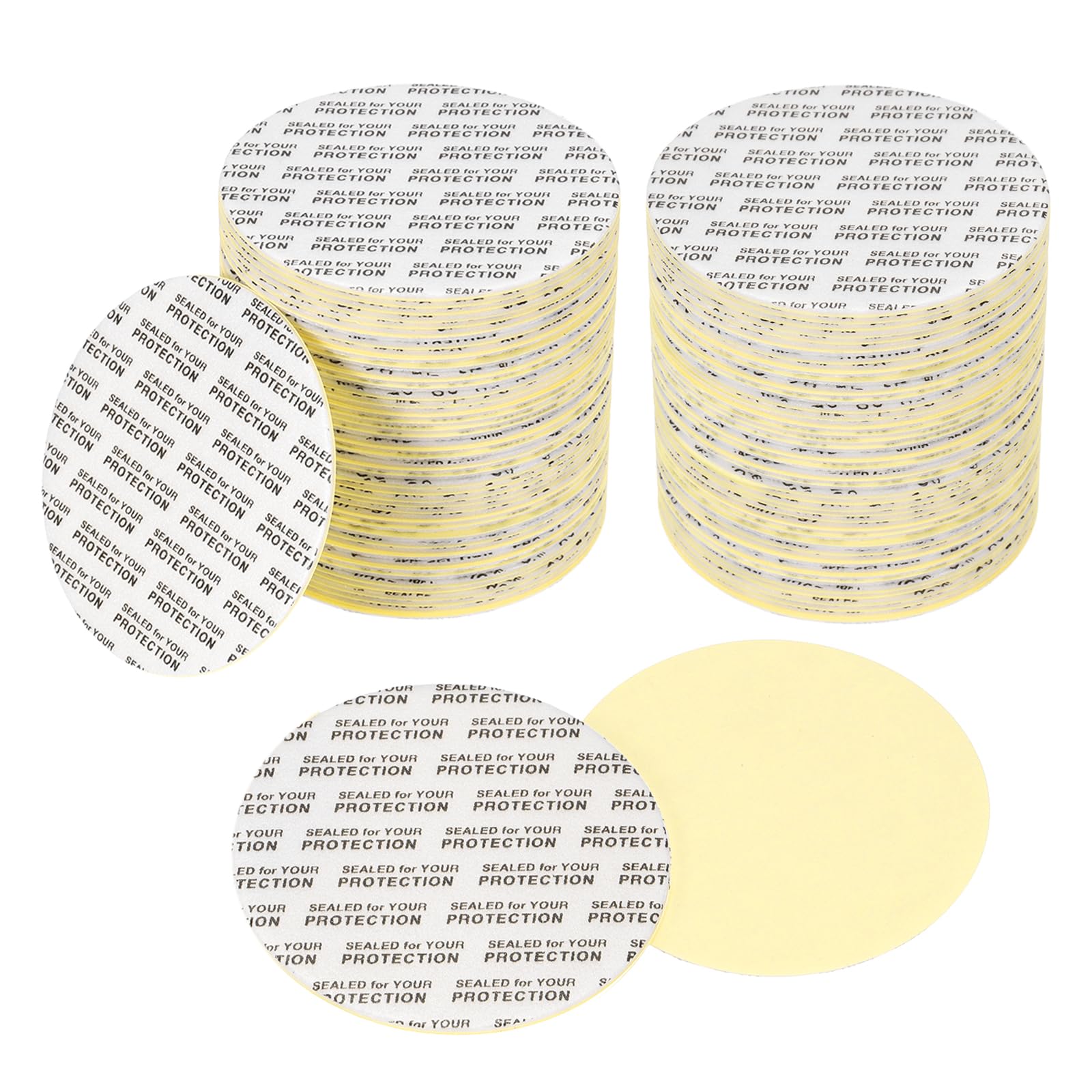 PATIKIL 55mm/2.17" Foam Lid Liner 120pcs Adhesive Round PS Pressure Sensitive Seals, Cap Liners Resistant Tamper for Plastic Glass Jar Bottle Cap Canning Vials Seals Black Text, White