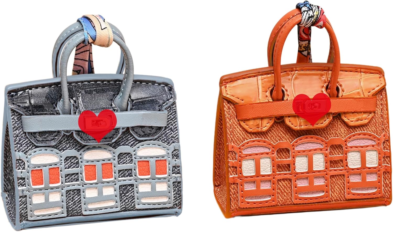Women's 2 PCS Mini Tote Bag Charms Keychain Pouch Small Coin Purse Wallet (Peacock Blue + Orange)