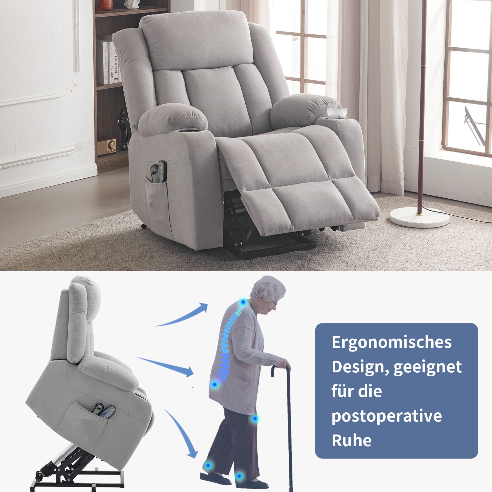 LEADZM Fernsehsessel Relaxsessel mit Aufzug Elektrisch Massagesessel | mit Liegefunktion Aufstehhilfe, Massage Heizung 2 Seitentaschen Getränkehalter, Liegen TV Sessel
