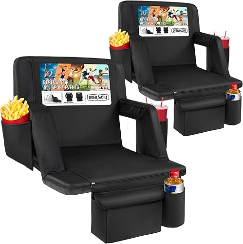 Overmont Asiento de estadio con soporte trasero, cojín acolchado de 2.8 pulgadas, asiento reclinable de 6 posiciones con doble gancho, correas