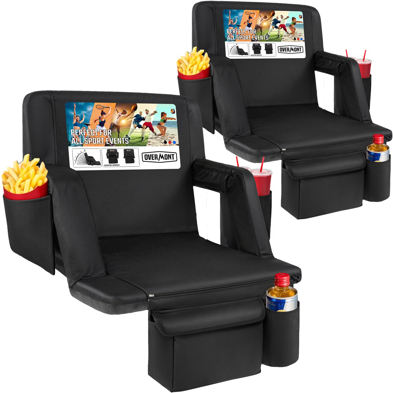 Overmont Stadium Seat with Back Support - 2.8'' Padded Cushion 6-Position Recliner Bleacher Seat with Dual Hooks Backpack Straps Cup Holders Pockets -