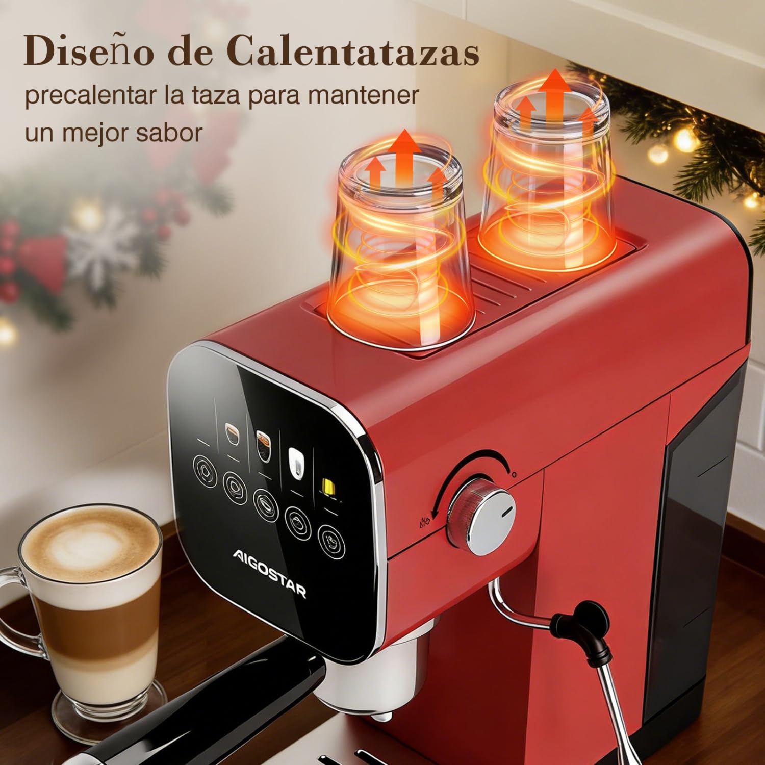 Aigostar Cafetera Espresso 20 Bares para Cápsulas y Café Molido Inox, Rojo | Panel táctil, espumador de leche, 1 o 2 tazas, depósito de 0,9 L, 1350 W, ideal para espresso, capuccino y latte
