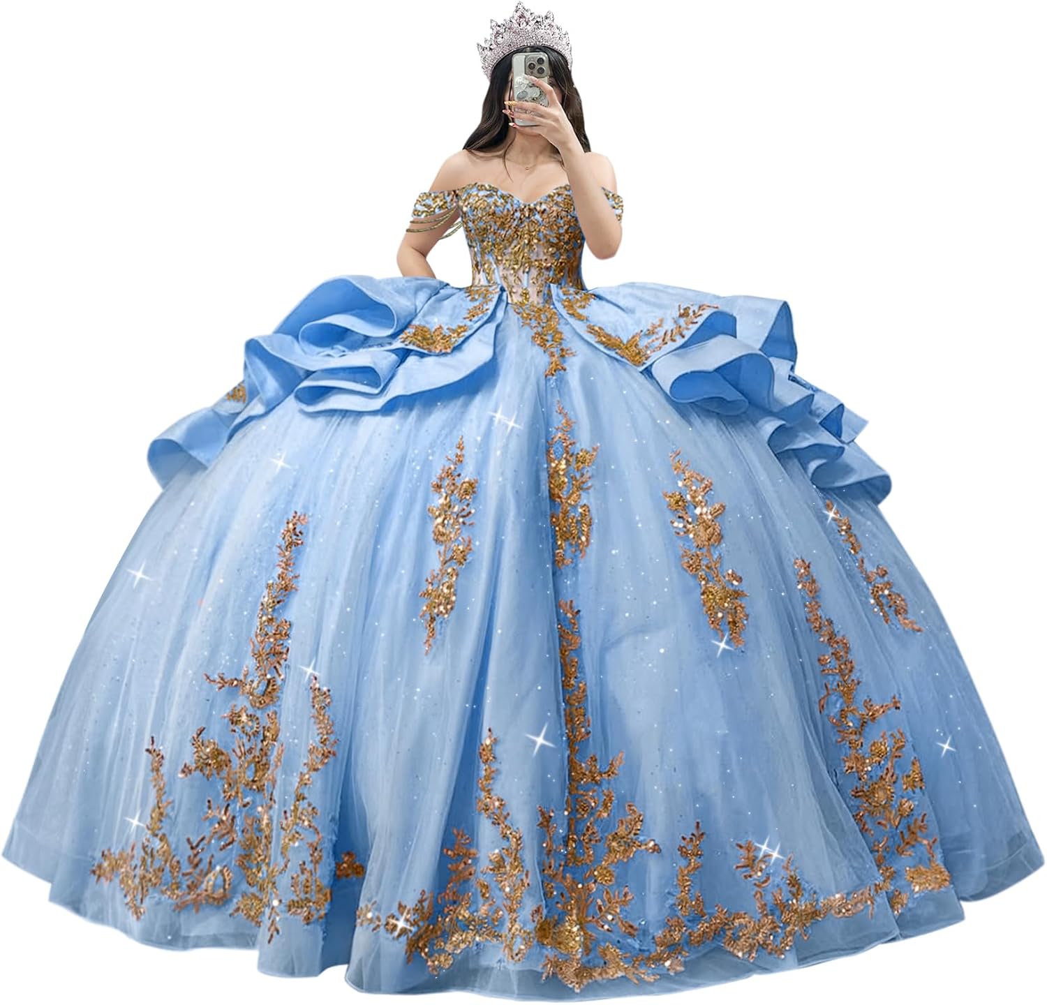 Mauuwy Gold Lace Applique Quinceanera Dresses with Bow Layered Ball Gown Glitter Off Shoulder Sweet 16 Dress with Tassels