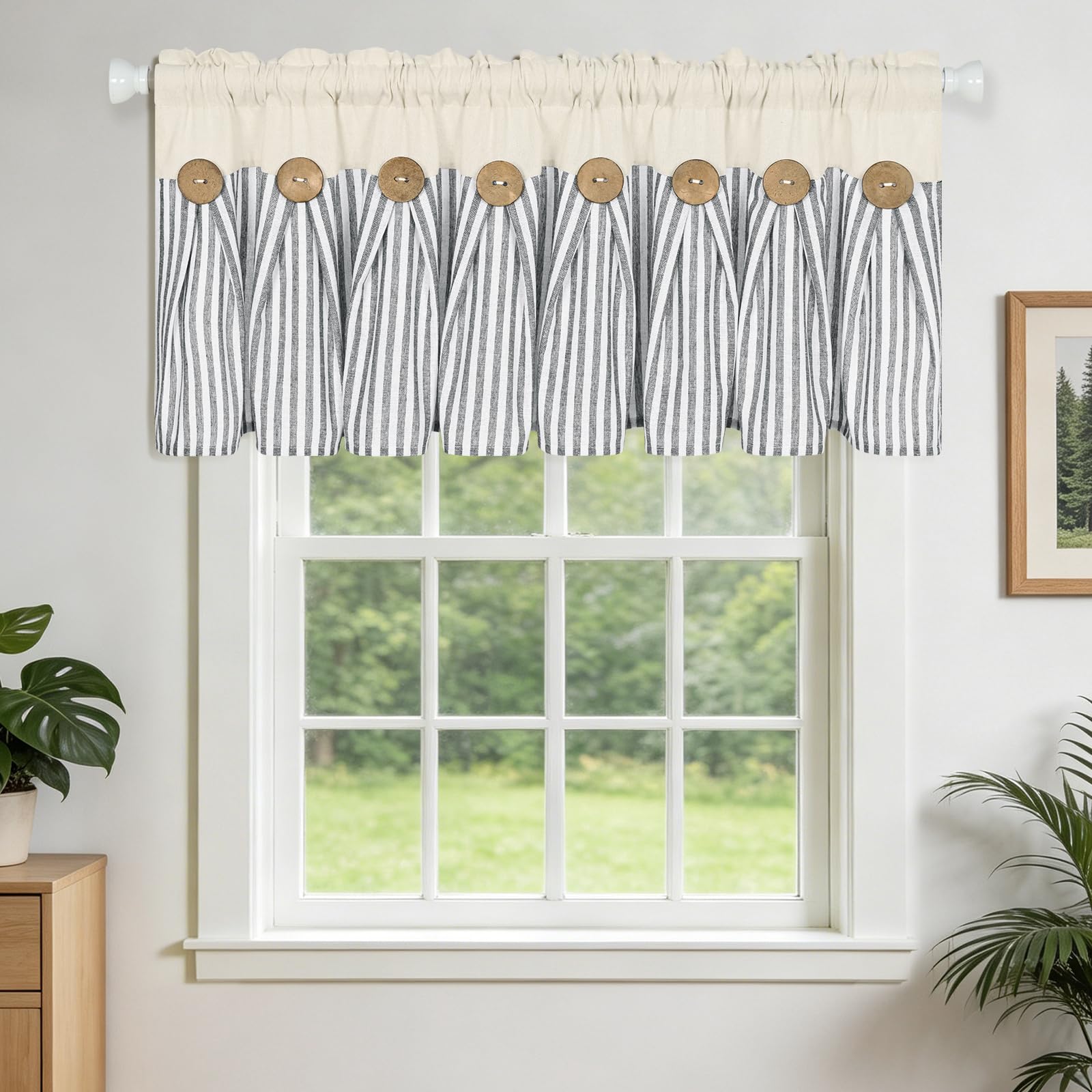 Rideaux de cantonnière en coton et lin de style rustique de style rustique avec passe-tringle pour café, salle de bain, chambre à coucher - Gris foncé et naturel