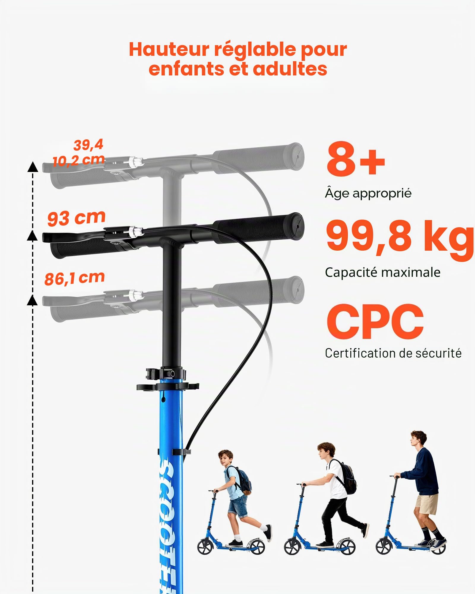 VEVOR Trottinette pour enfants de 8 ans et plus, ados et adultes, patinette à 2 roues, guidon réglable en hauteur, plateau antidérapant, pliable et légère pour garçons et filles à 100 kg, noir et bleu