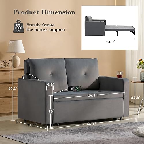 Miniatura 2 de Sofá cama extraíble 3 en 1, sofá cama de terciopelo de 56 pulgadas, sofá biplaza convertible para sala de estar, espacio pequeño, sofá cama tapizado