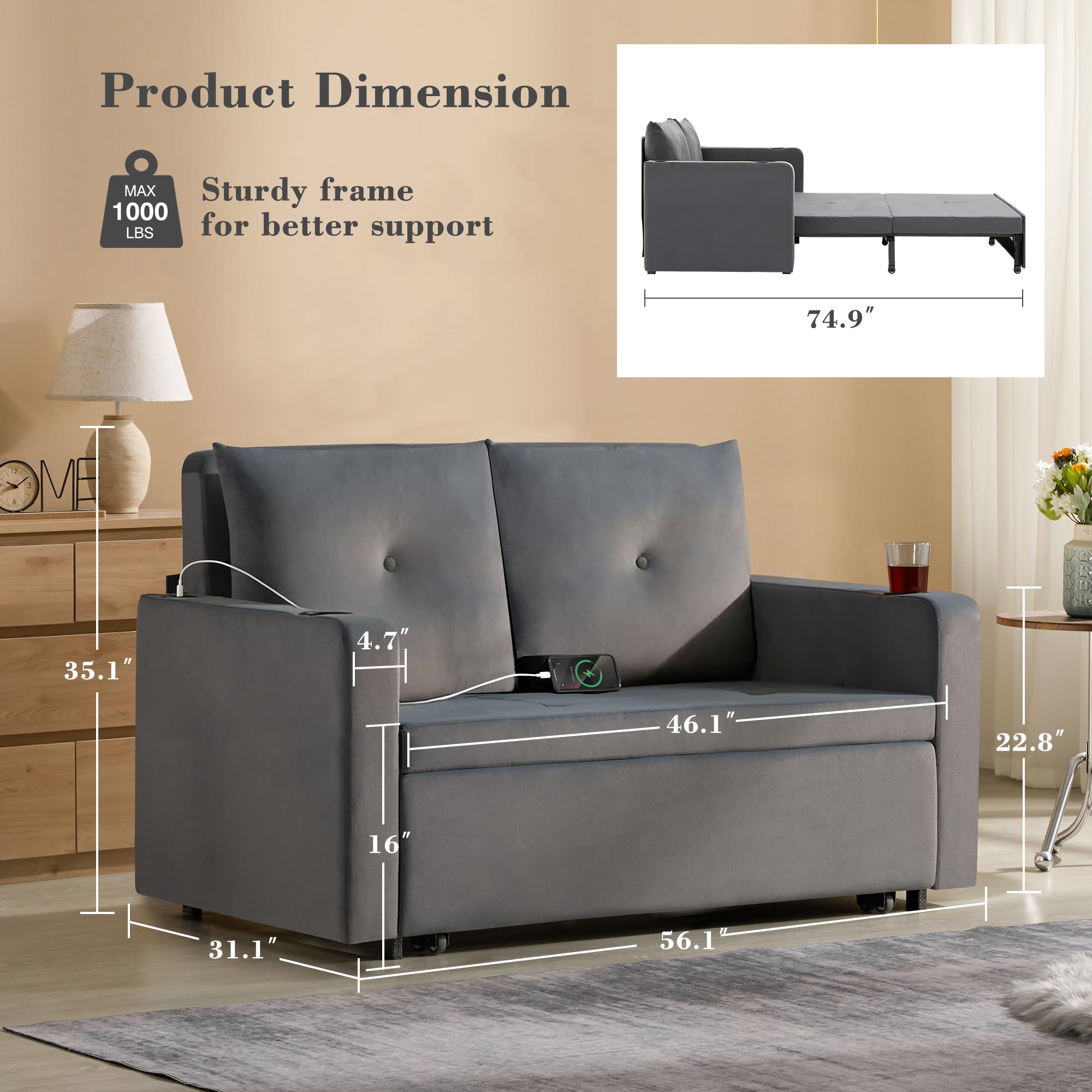 Krcix 3 in 1 Pull Out Couch, 56" Convertible Sofa Bed, Loveseat Sleeper | Velvet Sleeper Sofa for Living Room, Small Space, Upholstered Couch Bed with USB, Cup Holder, Dark Grey