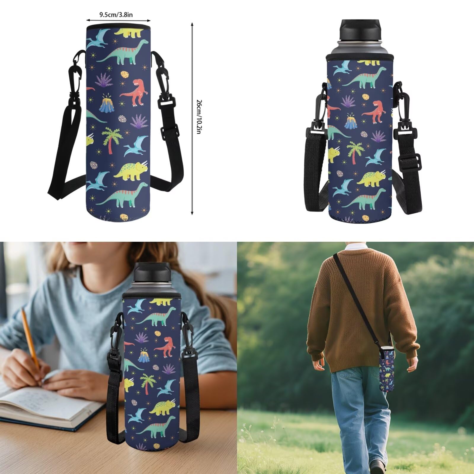 Zaino per bambini a forma di cartone animato per libri scolastici con borsa per il pranzo, astuccio per matite, custodia per bottiglie, portachiavi con ciondolo, set, Dinosauro cartone