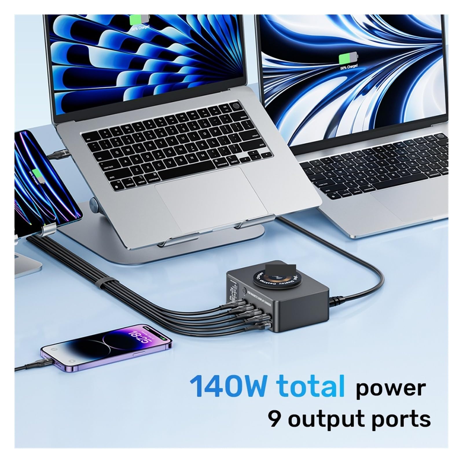 Caricatore USB Multiplo, Caricabatterie Wireless con Stazione di Ricarica Rapida Multi USB-C da 140 W con Display LED PD QC 3.0 Ricarica Rapida(No Cable)