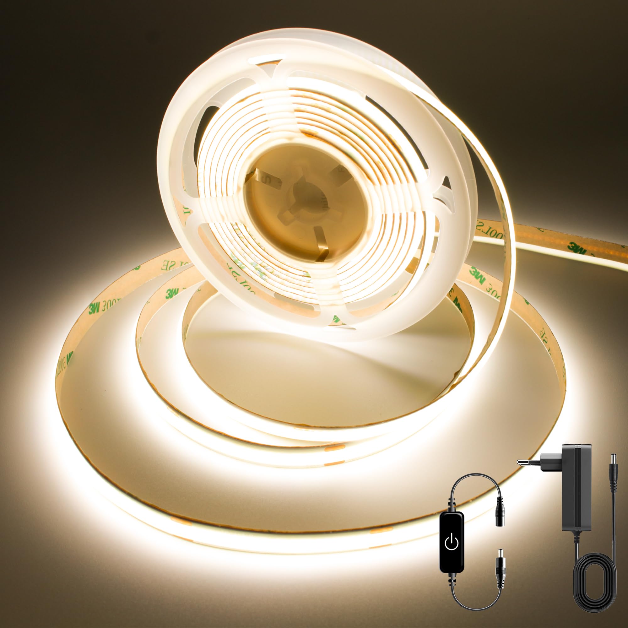 FUIQI COB LED Strip Light 3M,Dimmable Dotless LED Strip with Touch Controller,Natura White 4000K with Power Supply,8mm Wide,CRI>90 24V LED Band for Indoor Room,Kitchen,Bookshelf,Mirrors — image 1