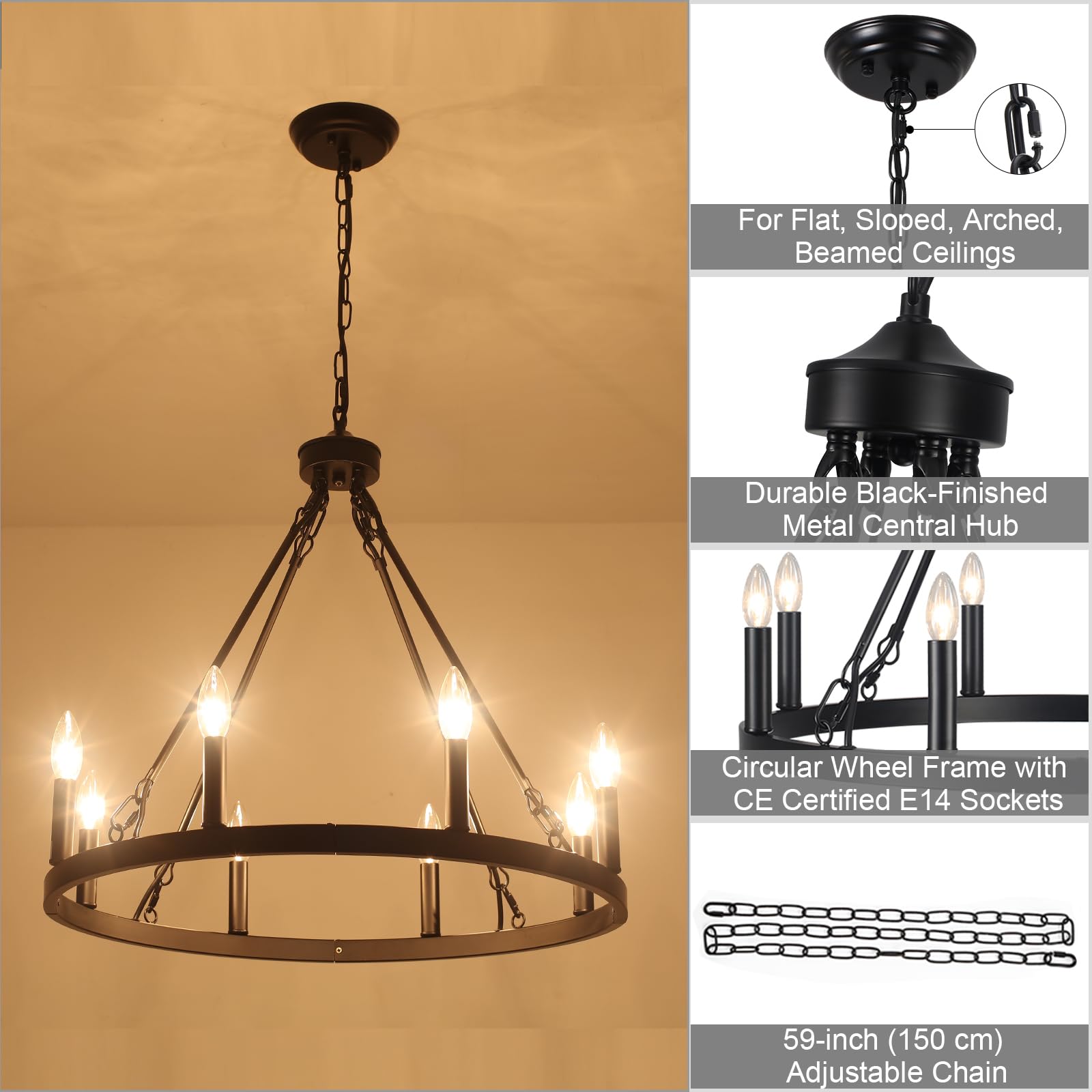 Wagenrad Kronleuchter Schwarz 8-flammig E14 Pendelleuchte Esstisch Rustikal | Industrial Pendelleuchte im Landhaus-Stil, höhenverstellbare Deckenlampe hängend für Wohnzimmer, Küche, Flur, Schlafzimmer