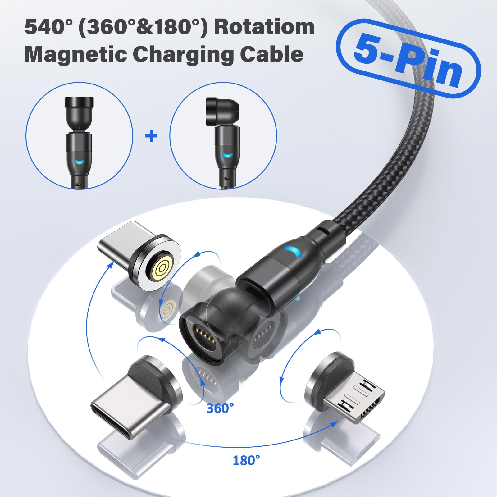 5-Pin Magnet-Ladekabel 3-in-1 Set – 4 Längen (0,5/1/2/3 M), 18W, 360° Drehbar, Mit Adapterspitzen Für USB-C, Micro-USB, Android