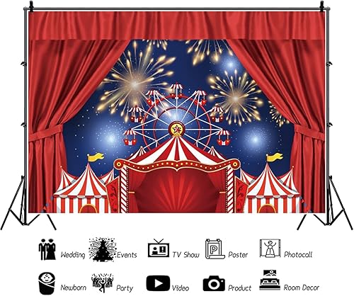 Miniatura 2 de Eainb Telón de fondo para fiesta temática de circo de 5 x 3 pies, tienda de campaña de circo roja, fuegos artificiales, rueda de noria, fondo de