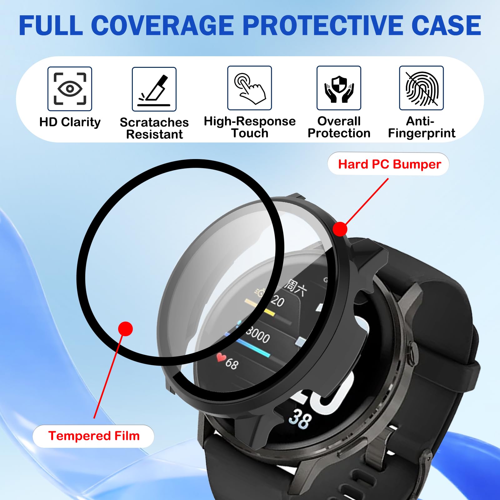 Etui ochronne na ekran smartwatcha Garmin Venu 4 45 mm, pełne pokrycie HD, ultracienkie, odporne na zarysowania, wtyczka przeciwpyłowa + twardy PC ochronny z wbudowaną folią hartowaną (czarne)