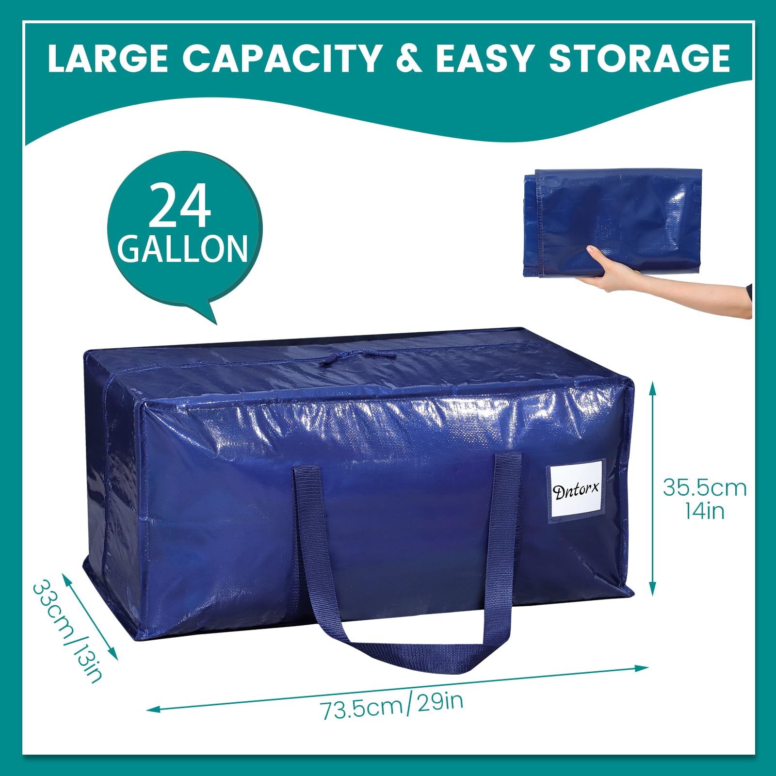 Close-up view of the Dntorx moving bag's L-shaped zipper mechanism, highlighting its extended opening.
