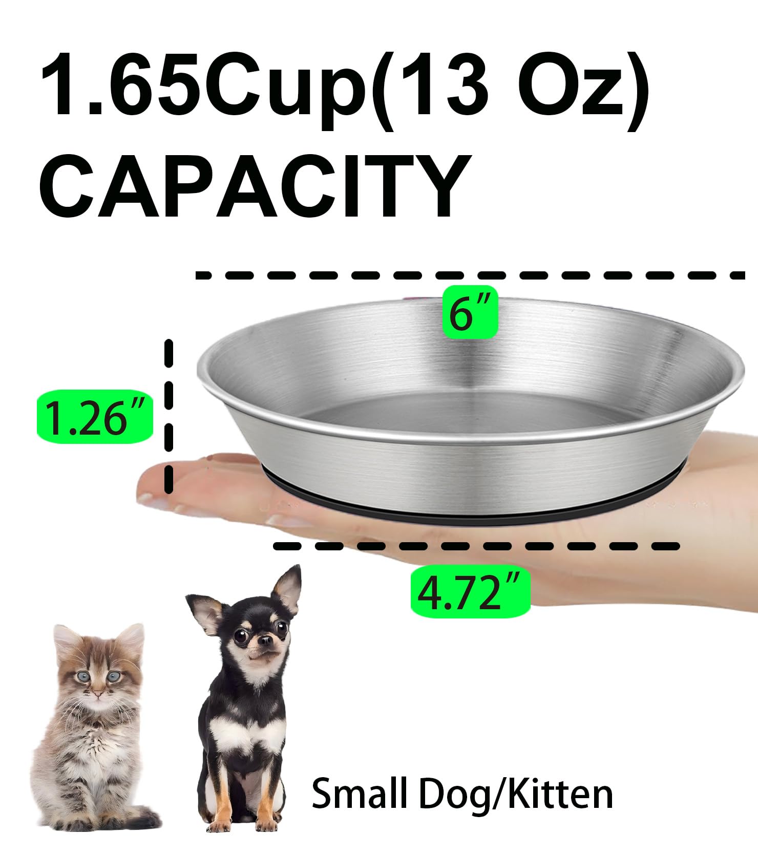 Cuencos de acero inoxidable para gatos de 1.7 tazas (414 ml) para alimentos y agua, platos inferiores de silicona antideslizante, para gatos o perros pequeños, paquete de 2