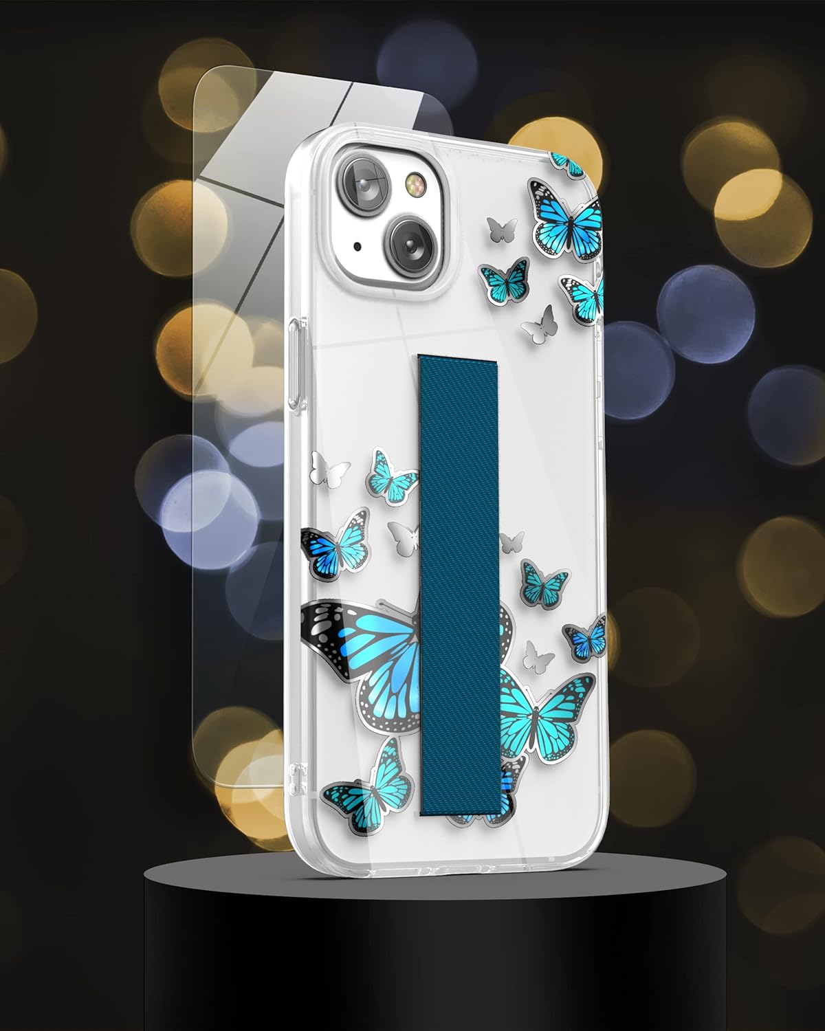 ENCASED Finger Loop Case Compatible with iPhone 14 Plus 6.7" (2022) Clear/Blue Butterfly Case for Women with Hand Strap and Screen Protector - Image 4
