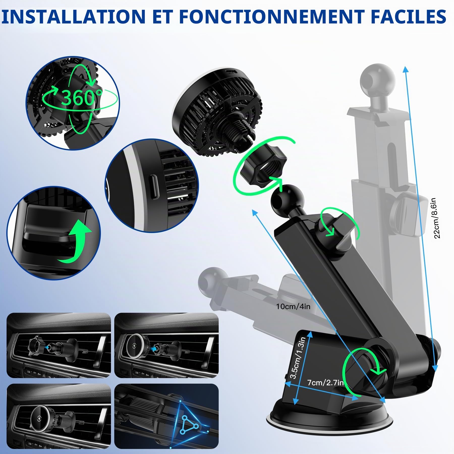 SERUW Support magnétique de chargeur de voiture sans fil 15 W, technologie de réfrigération semi-conductrice, support de téléphone pour grille d'aération et tableau de bord, compatible avec iPhone et