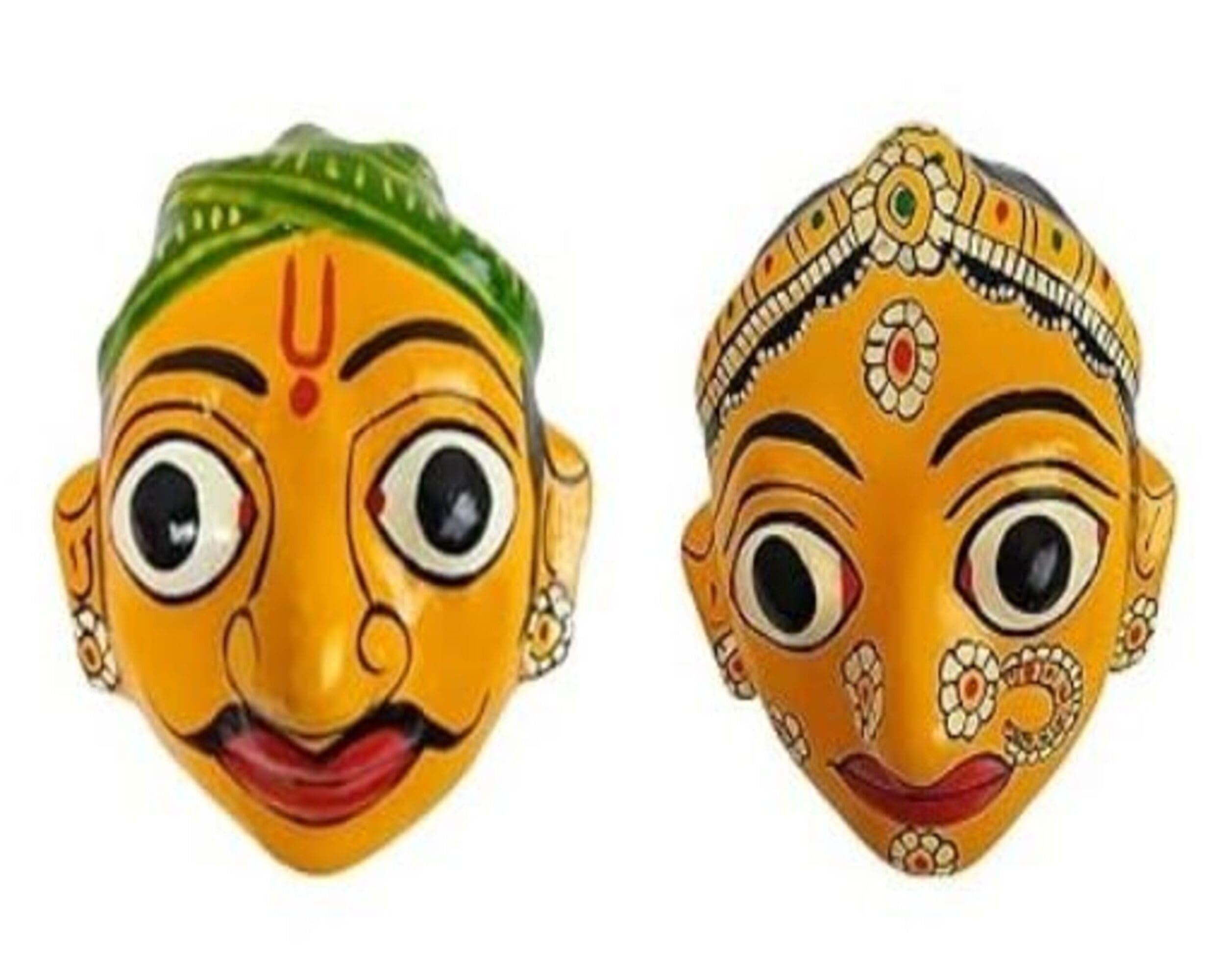Handcrafted Cheriyal Mask - Traditional Nakashi Folk Art from Telangana | GI Tagged Indian Wall Decor | Vibrant Hand-Painted Narrative Mask for Home & Office - Pack of 2 - Yellow Color (Cheriyal masks Yellow Male & Female)-image-22