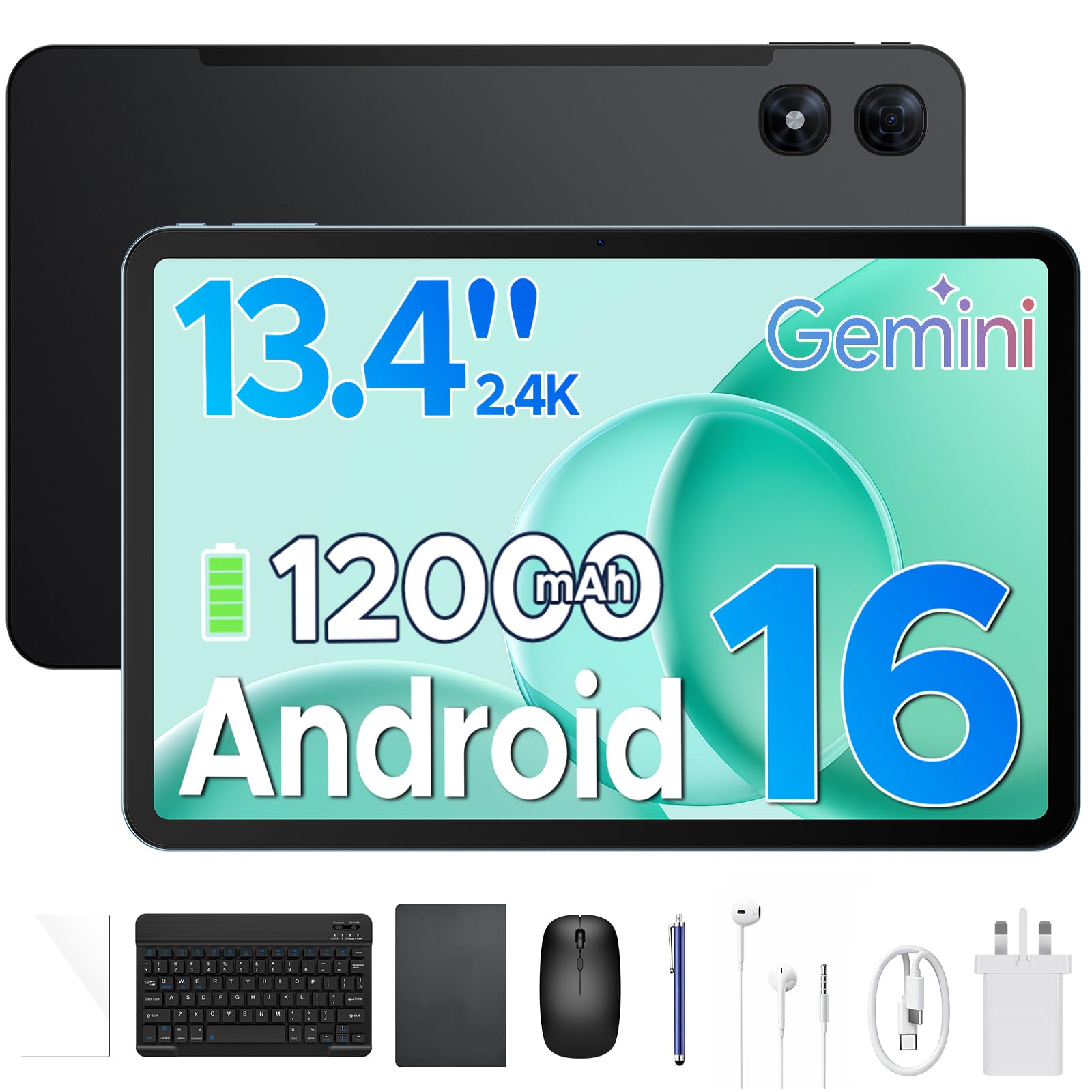 P13 Pro Tablette 13 Pouces, Gemini AI Tablette Android 16, 2.4K/120Hz, 48Go RAM+256Go ROM, 12000mAh/18W, T7280 Octa-Core, 16MP+8MP, 4G LTE, Face ID/Widevine L1/WiFi5/FM, avec Clavier et Stylet