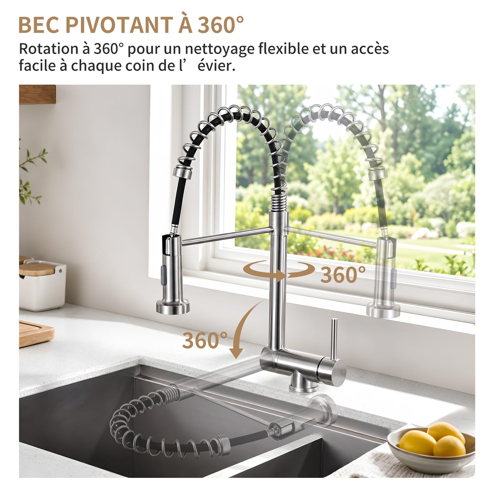 HOMELODY Wasserhahn Küche Edelstahl Ausziehbar für Vorfenster | 2 Strahlarten Brause, 360° drehbar, Spiralfeder-Design für die Spüle am Fenster, Hochdruck