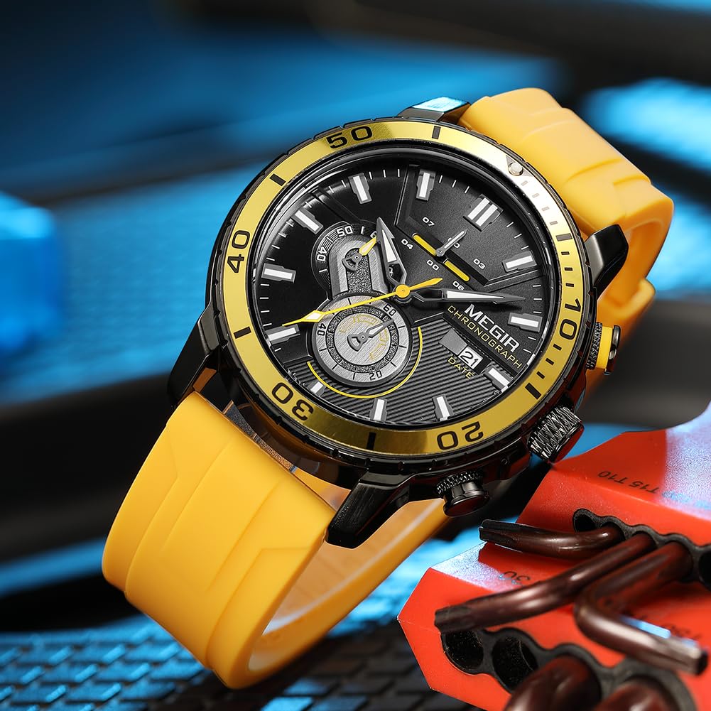 MEGIR Reloj deportivo analógico de cuarzo para hombre, cronógrafo, militar, luminoso, correa de silicona 2224G, Amarillo