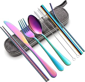 Portable Utensils Set,Reusable Travel Cutlery Set with Case Stainless Steel Flatware Set for Camping 8pcs Including Dinner Knife Fork Spoon Chopsticks Boba Straw (Rainbow)