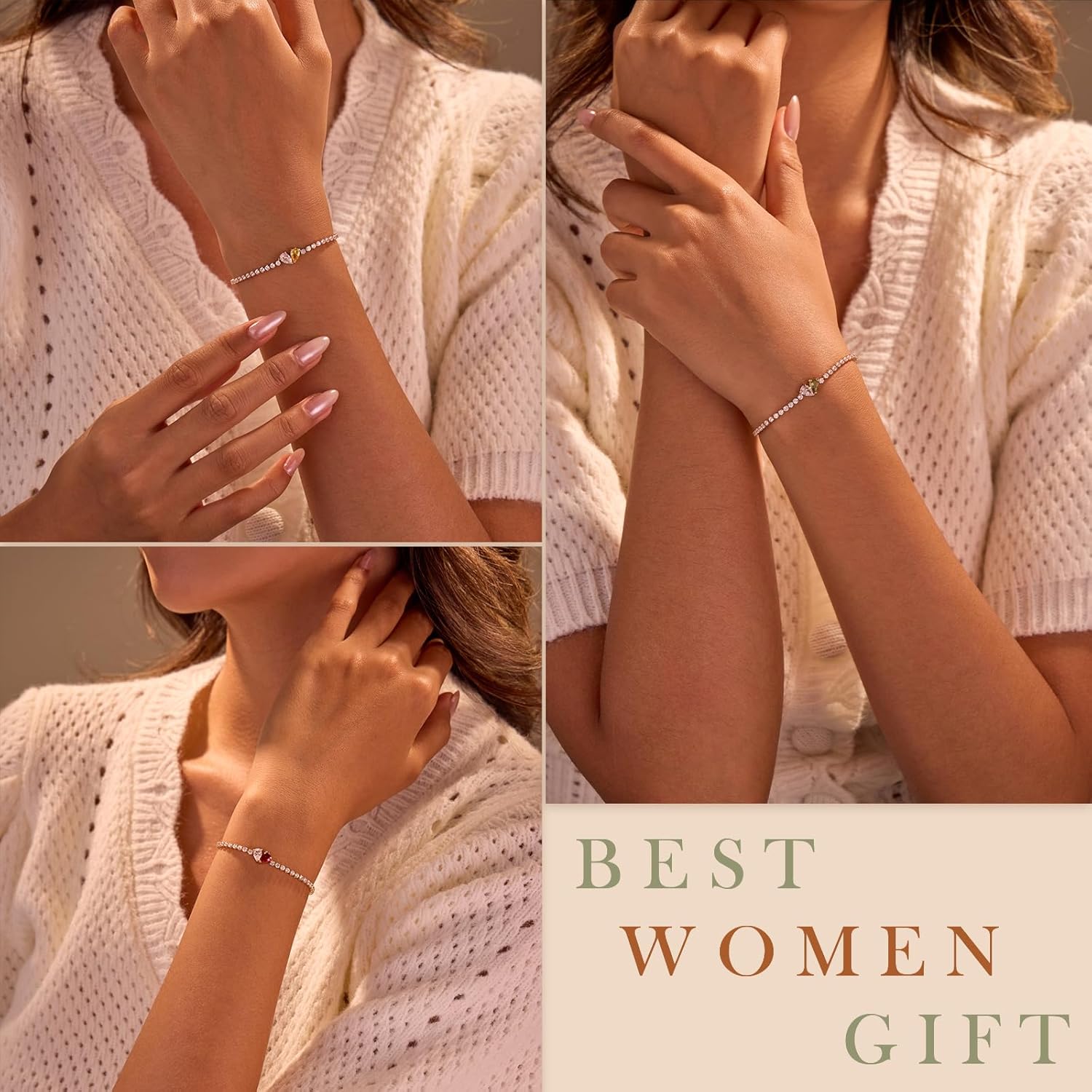 YUJIE Birthstone Tennis Bracelet for Women - 14k Gold Plated Adjustable 2mm Tennis Chain Brithstone Heart Bracelets for Her Mom Wife Girlfriend Anniversary Birthday Gift - Image 5